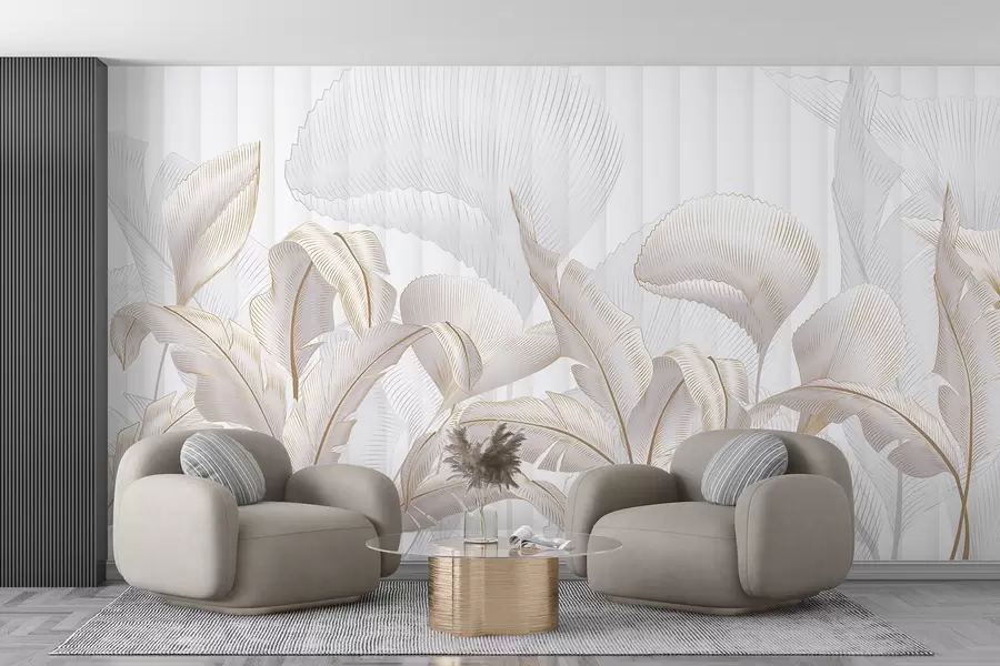wall murals A close-up view of tropical leaves against a white background, with textured background w01237