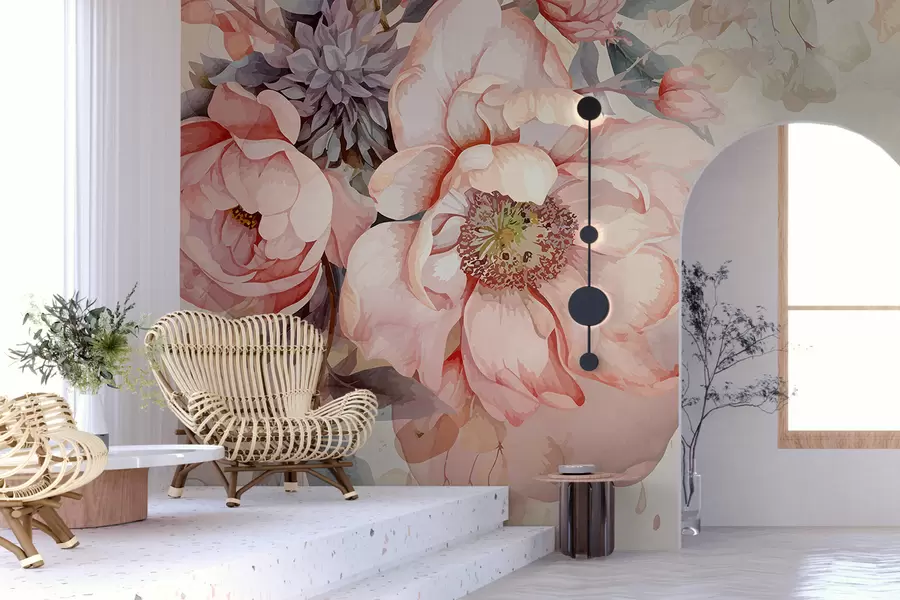 wall murals Watercolor pink peonies with delicate petals, surrounded by lush pastel greenery and other flowers  w01245