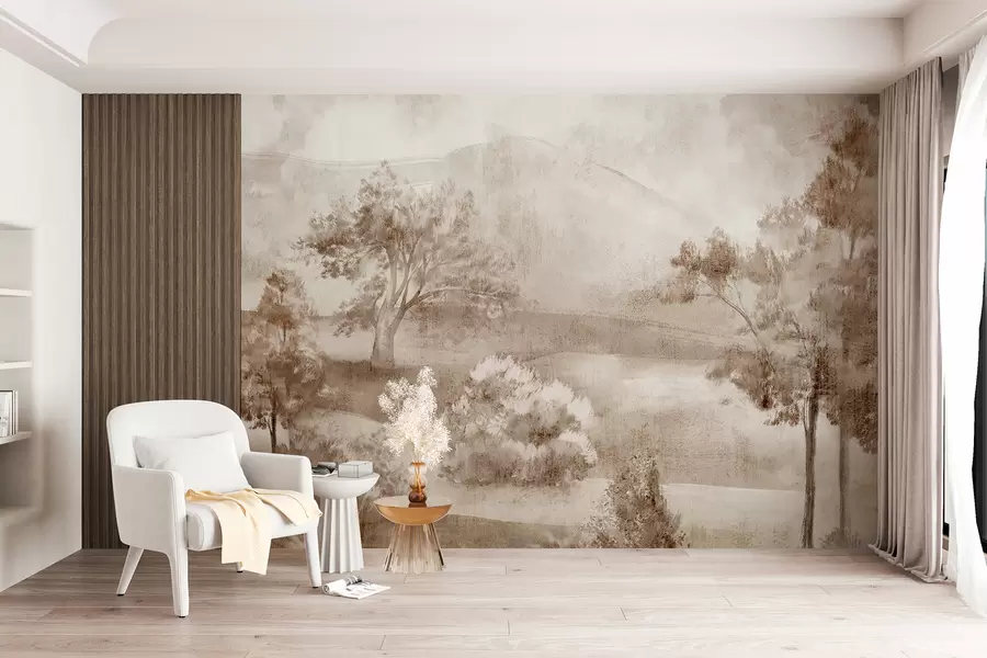 wall murals Landscape painting of a misty countryside scene surrounded by lush trees and foliage in shades of brown w01247