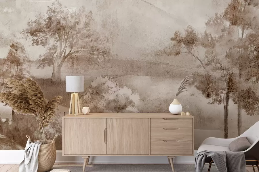 wall murals Landscape painting of a misty countryside scene surrounded by lush trees and foliage in shades of brown w01247