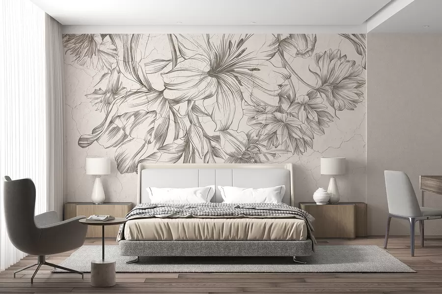 wall murals A black and white sketch grawing of large flowers graphic print  w01253