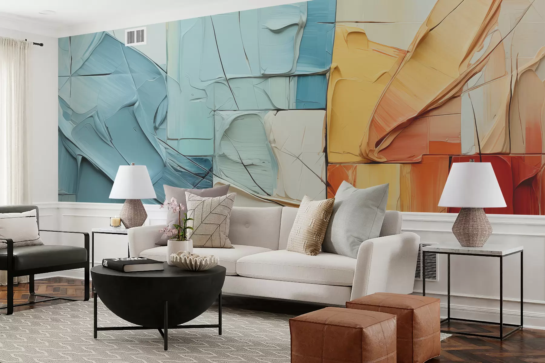 wall murals Volumetric pieces of paint, cracks, blue, orange, yellow, red w01304