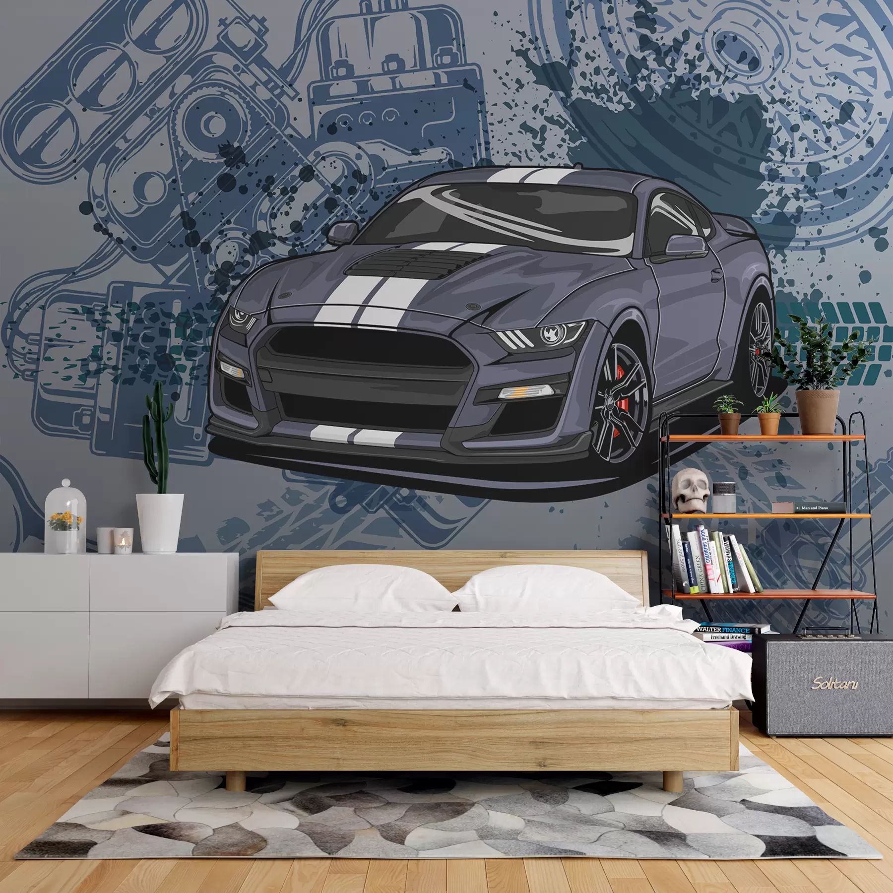 wall murals Kids wallpaper for teenager with car and graphic lettering in blue w01218