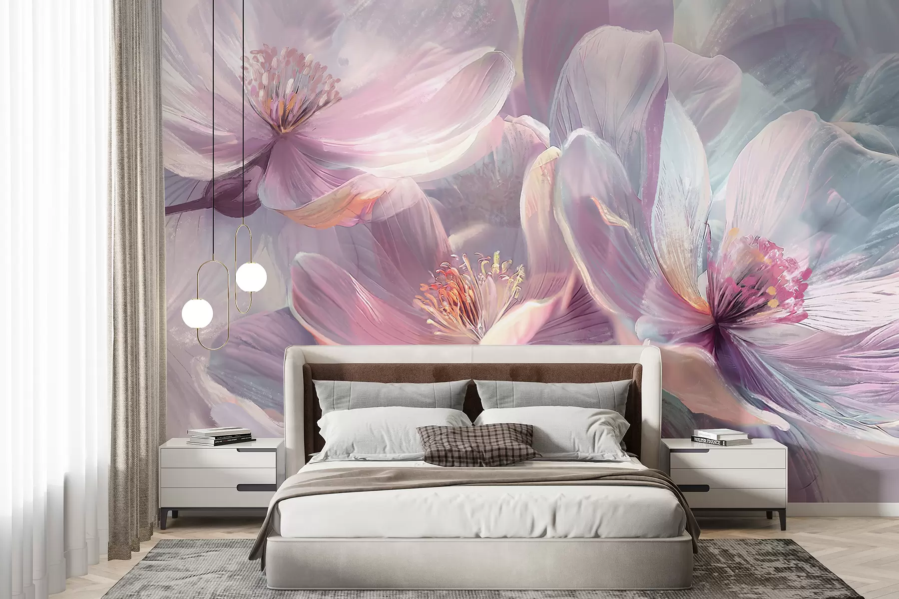 wall murals Delicate transparent pastel neon light pink and white flowers with soft, blurred background w01307