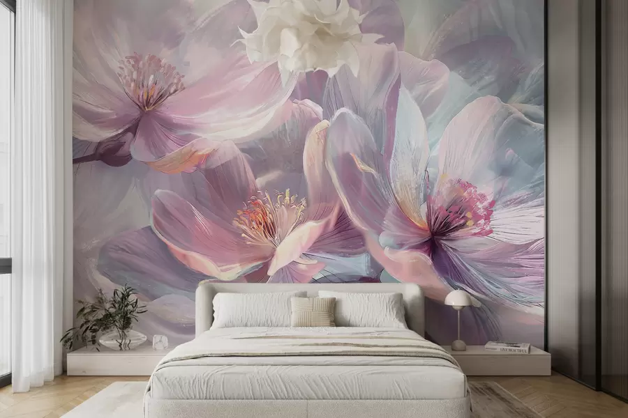 wall murals Delicate transparent pastel neon light pink and white flowers with soft, blurred background w01307