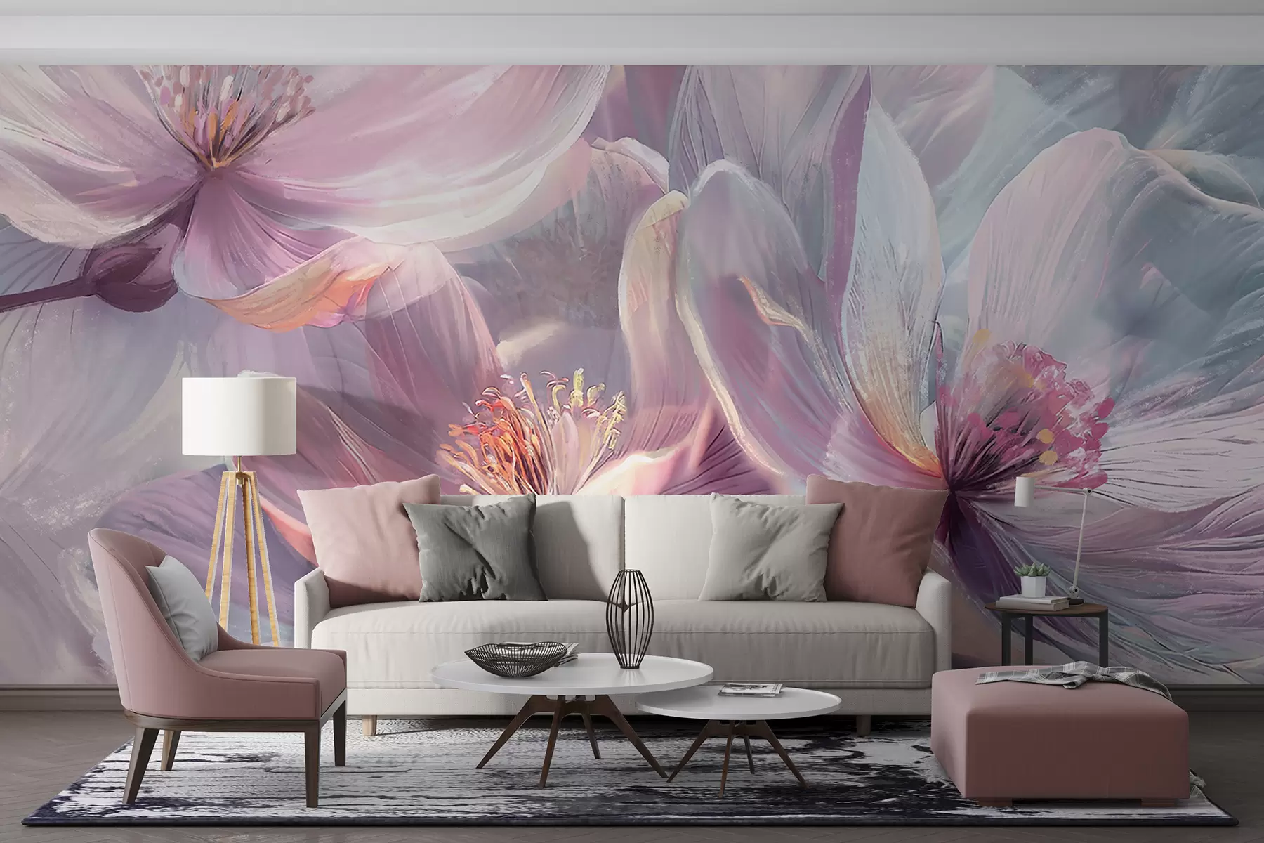 wall murals Delicate transparent pastel neon light pink and white flowers with soft, blurred background w01307