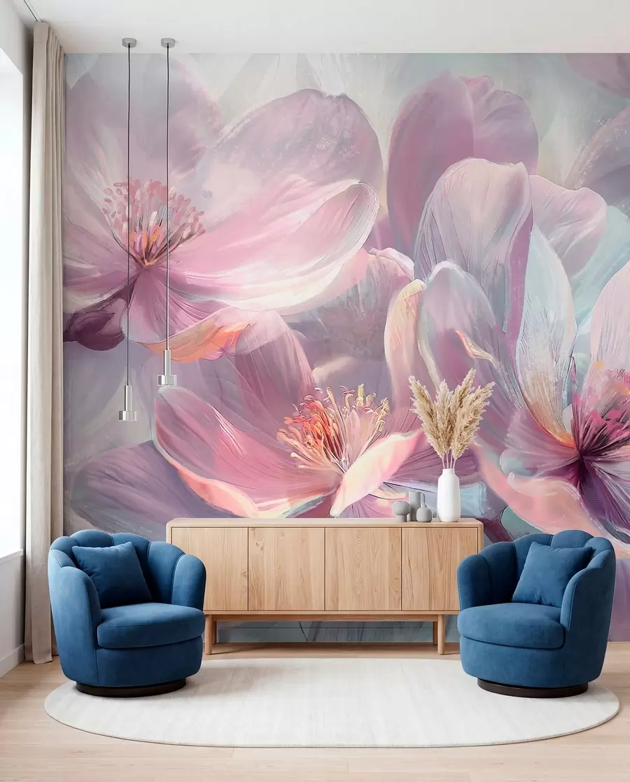 wall murals Delicate transparent pastel neon light pink and white flowers with soft, blurred background w01307