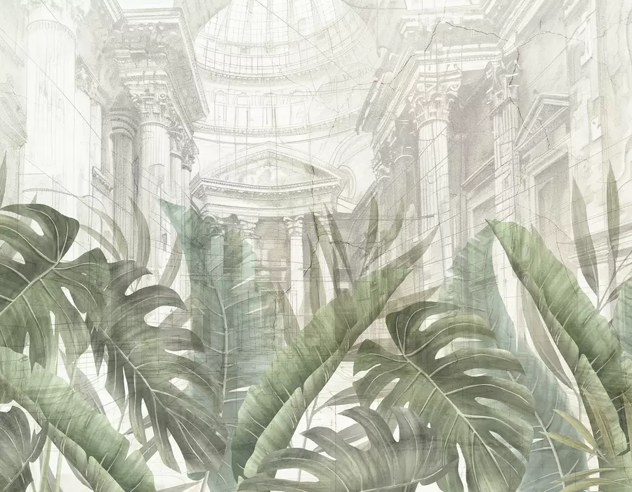 wall murals A grand drawing ornate architectural marble columns, and lush tropical green plants  w01311