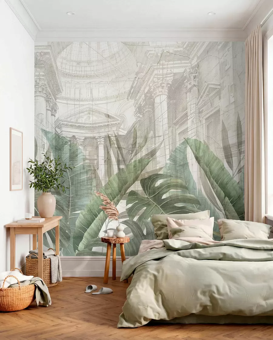 wall murals A grand drawing ornate architectural marble columns, and lush tropical green plants  w01311