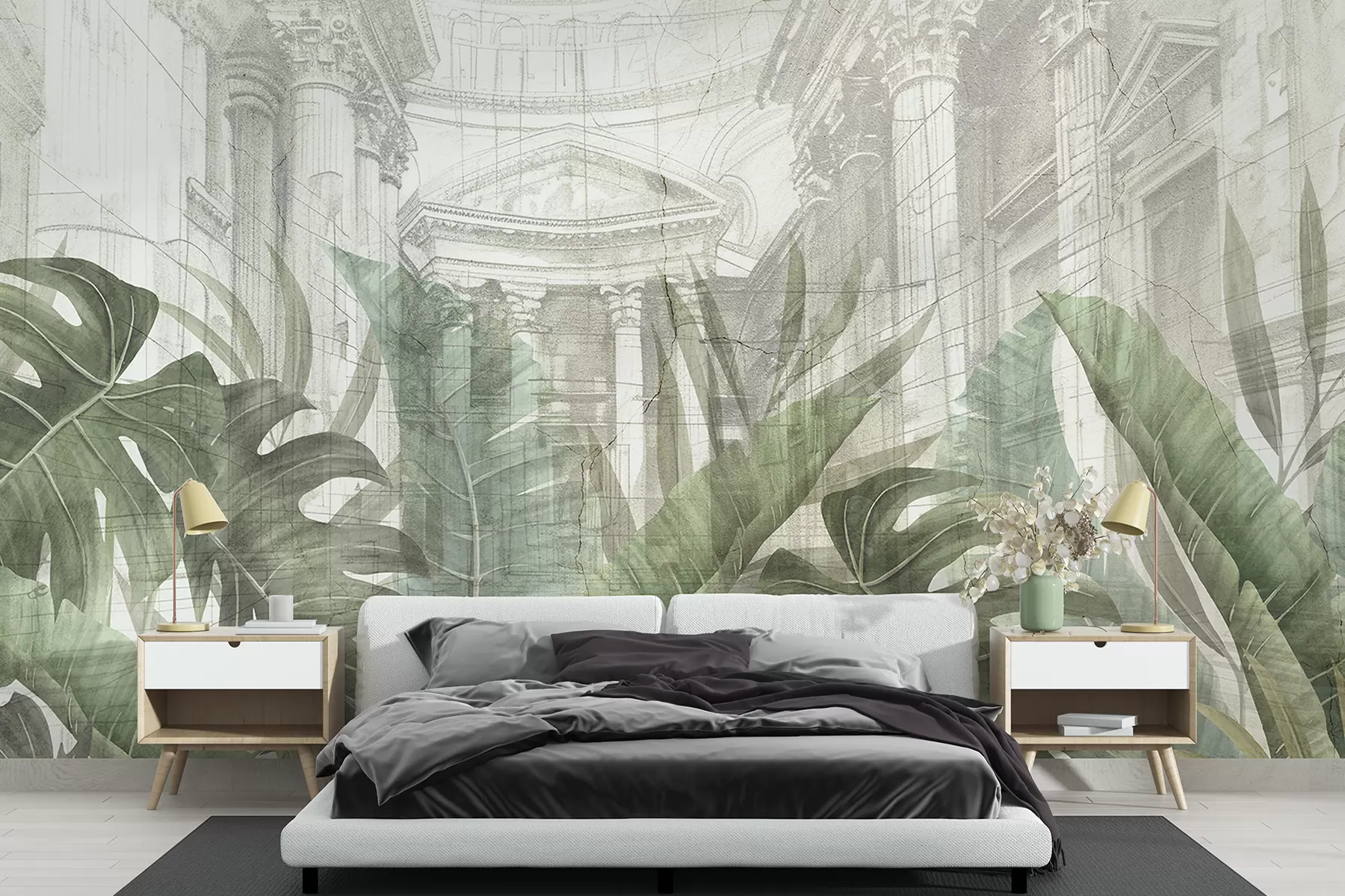 wall murals A grand drawing ornate architectural marble columns, and lush tropical green plants  w01311