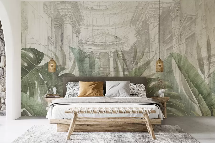 wall murals A grand drawing ornate architectural marble columns, and lush tropical green plants  w01311