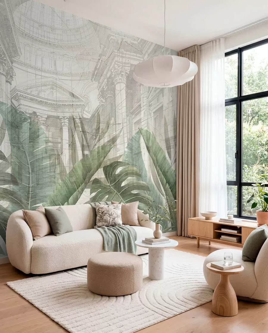 wall murals A grand drawing ornate architectural marble columns, and lush tropical green plants  w01311