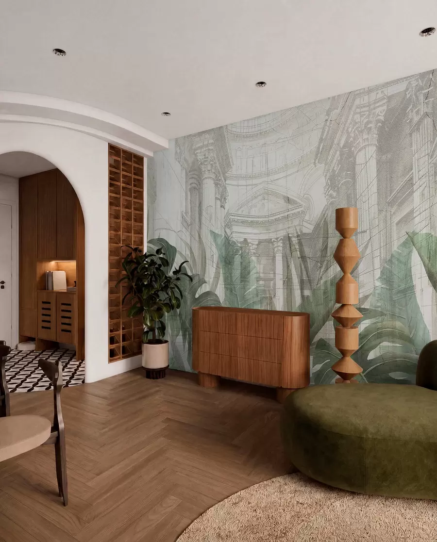 wall murals A grand drawing ornate architectural marble columns, and lush tropical green plants  w01311