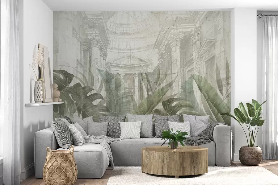 wall murals A grand drawing ornate architectural marble columns, and lush tropical green plants  w01311