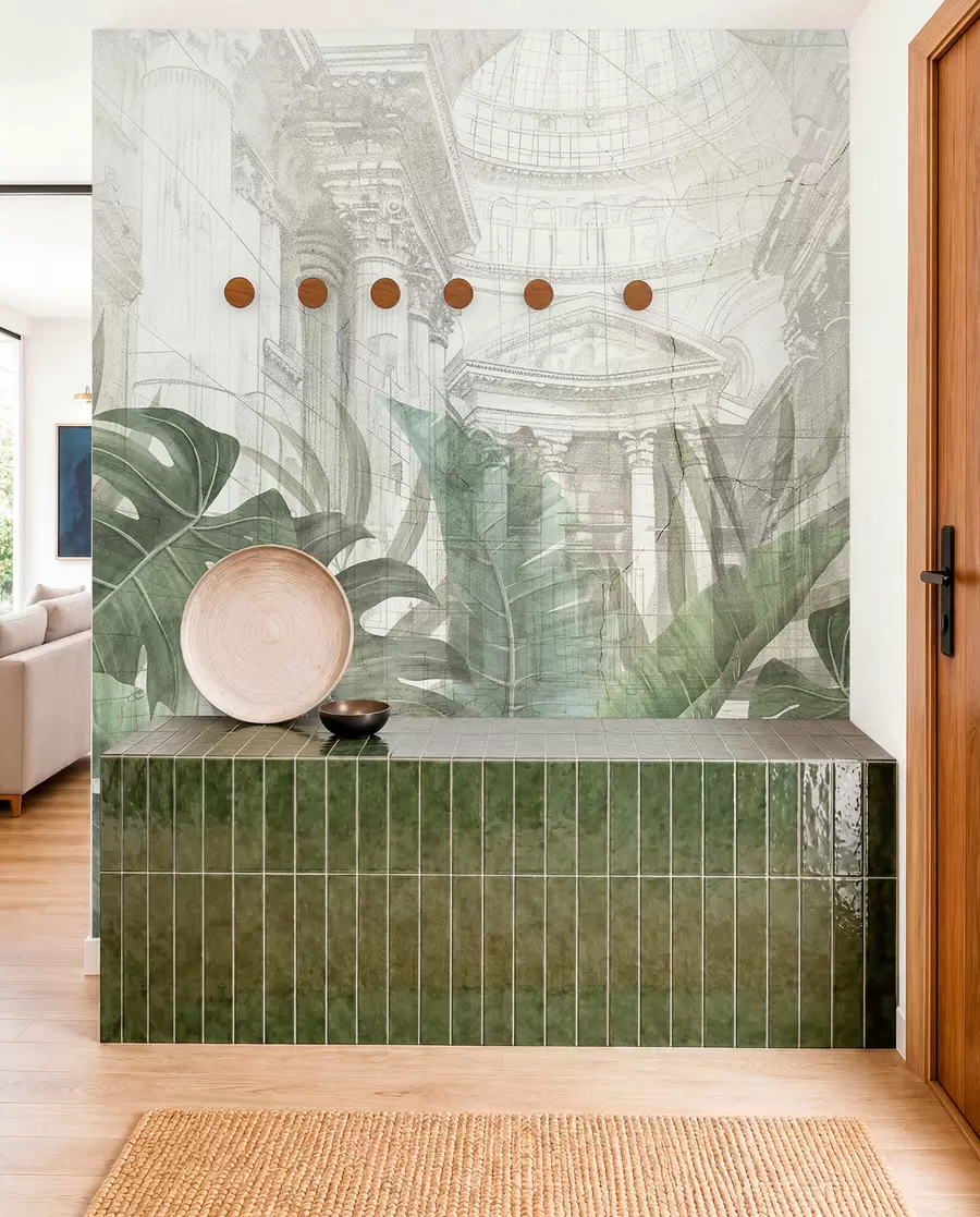 wall murals A grand drawing ornate architectural marble columns, and lush tropical green plants  w01311