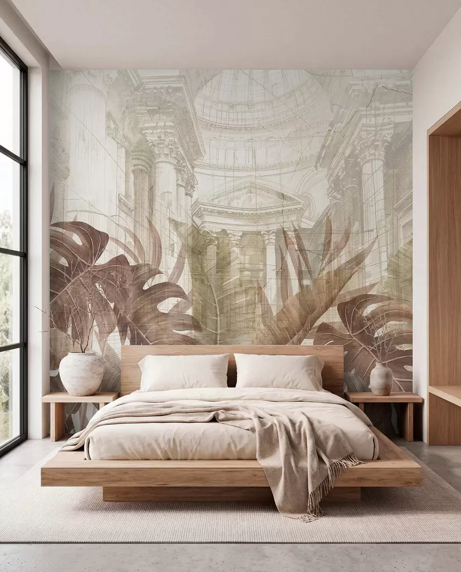 wall murals A grand drawing ornate architectural marble columns, and lush tropical sepia plants  w01311v1