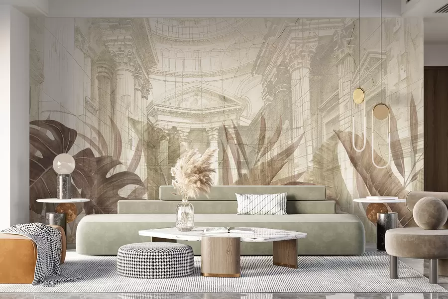 wall murals A grand drawing ornate architectural marble columns, and lush tropical sepia plants  w01311v1