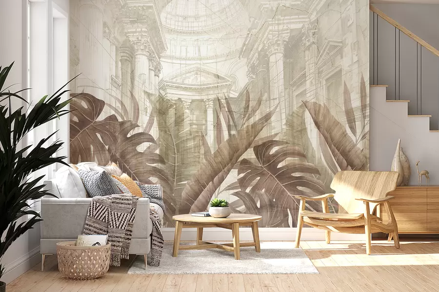 wall murals A grand drawing ornate architectural marble columns, and lush tropical sepia plants  w01311v1