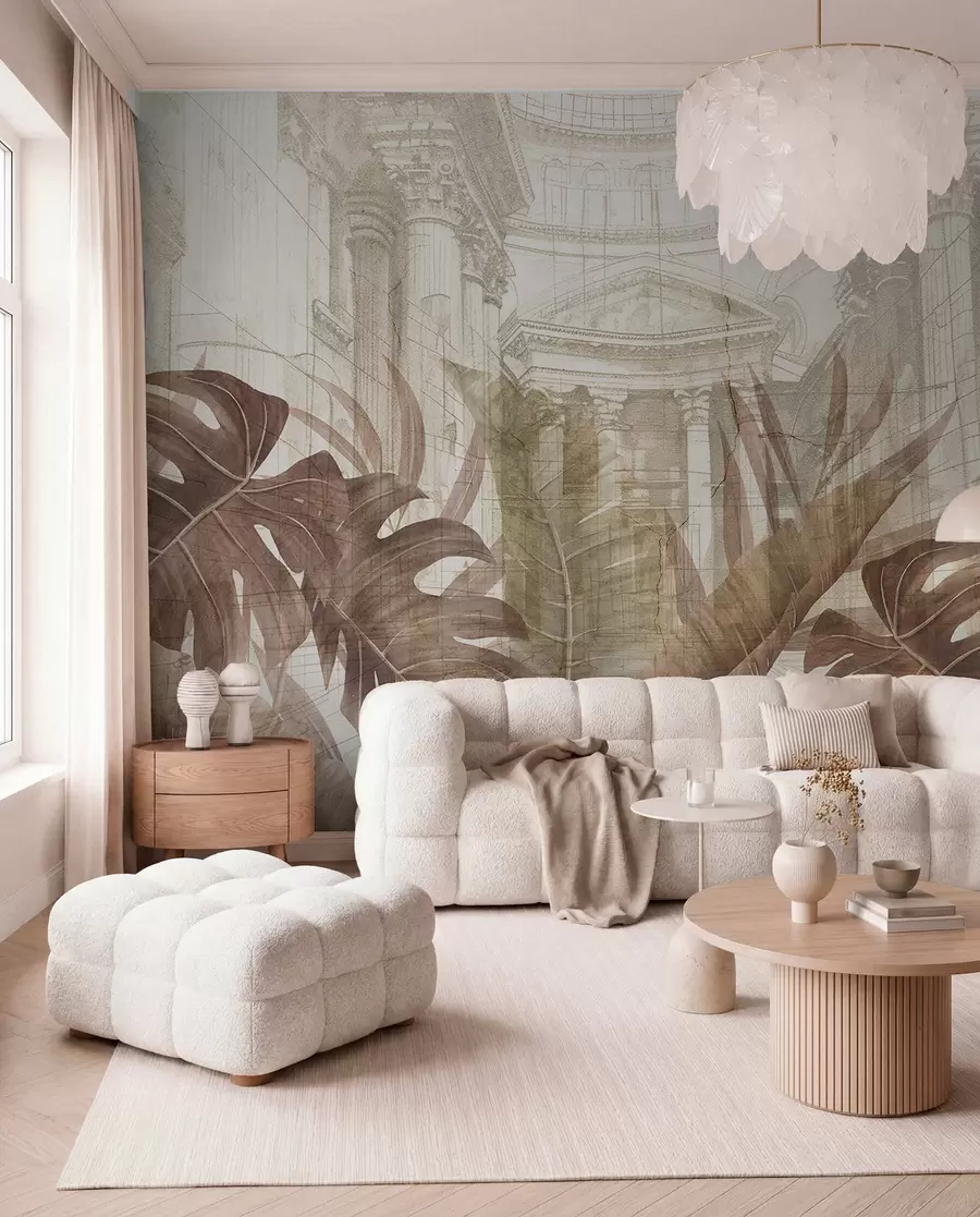 wall murals A grand drawing ornate architectural marble columns, and lush tropical sepia plants  w01311v1