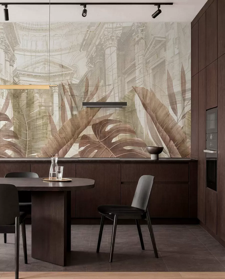 wall murals A grand drawing ornate architectural marble columns, and lush tropical sepia plants  w01311v1