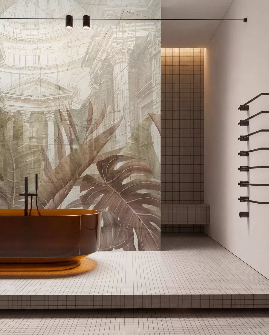 wall murals A grand drawing ornate architectural marble columns, and lush tropical sepia plants  w01311v1