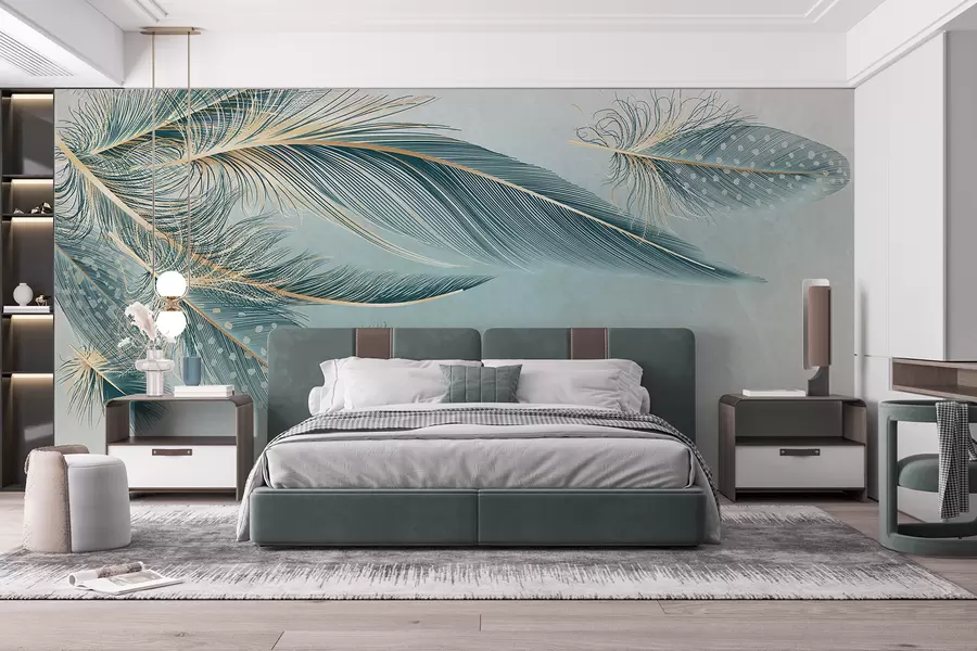 wall murals Delicate feathers in shades of blue w01312