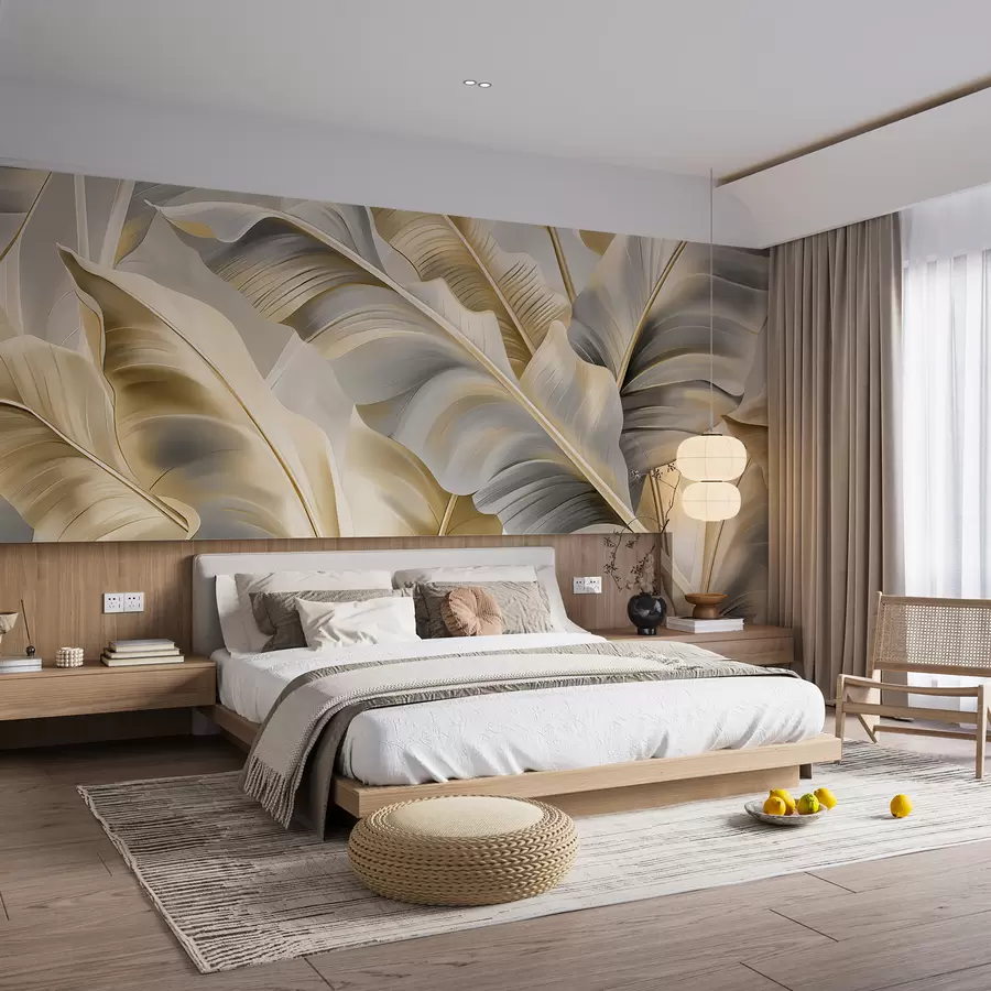 wall murals luxurious large banana leaves in gray-beige tones w07876