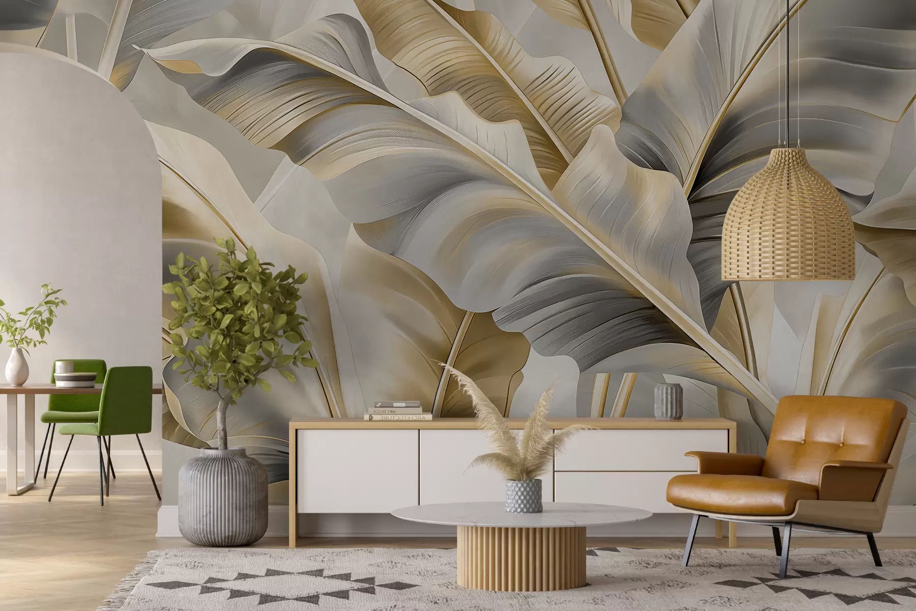 wall murals luxurious large banana leaves in gray-beige tones w07876