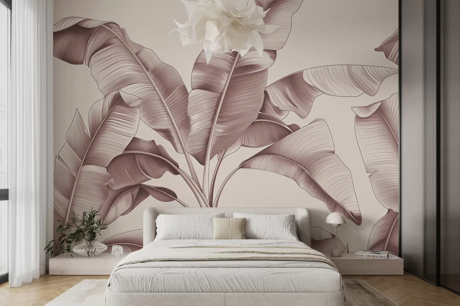 wall murals drawn large banana leaves in pastel pink w07877v1