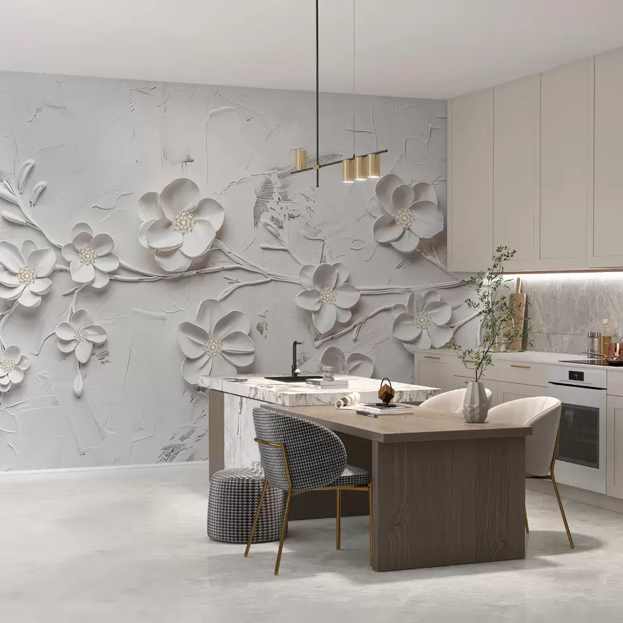 wall murals White textured background with 3D white flowers in full bloom, connected by branches, minimalist and elegant w01226