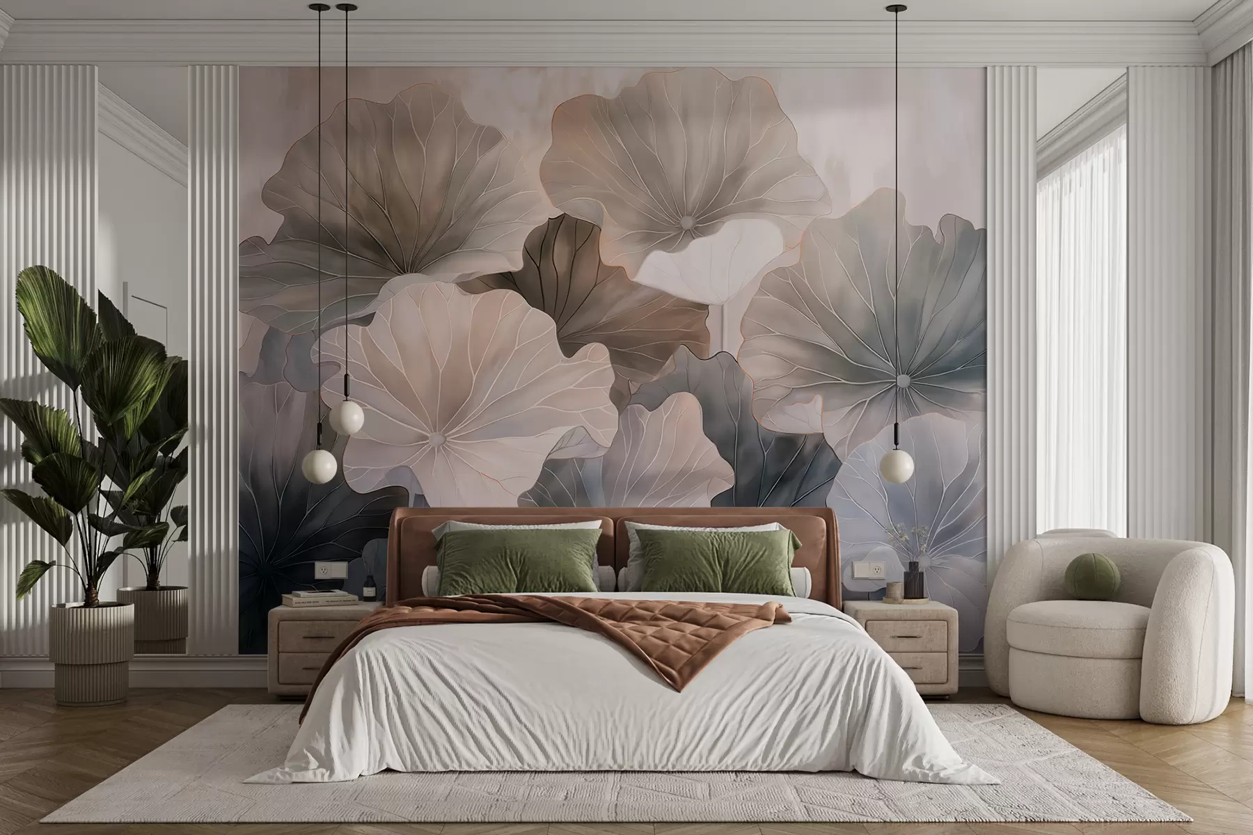 wall murals Large lotus leaves are painted with watercolors w07938