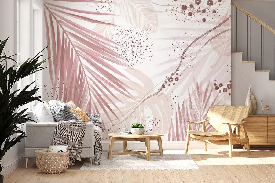wall murals A tropical pink palm leaves and fronds, with abstract shapes and splatters in shades of pink and white w07918v1