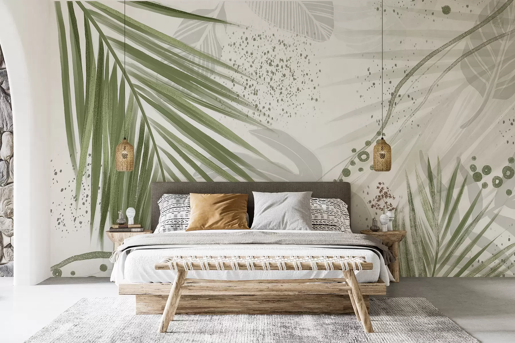 wall murals A tropical  green palm leaves and fronds, with abstract shapes and splatters in shades of green and white w07918