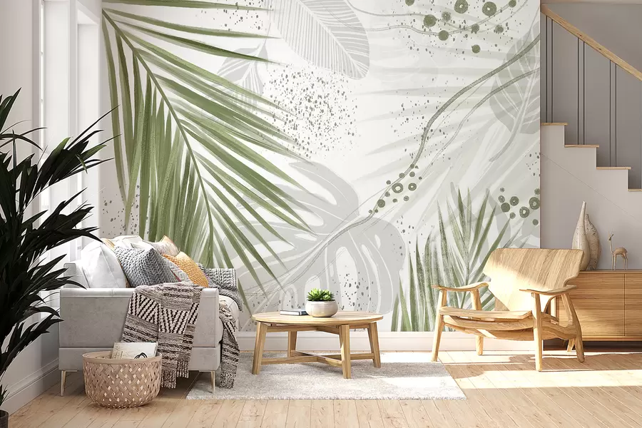 wall murals A tropical  green palm leaves and fronds, with abstract shapes and splatters in shades of green and white w07918