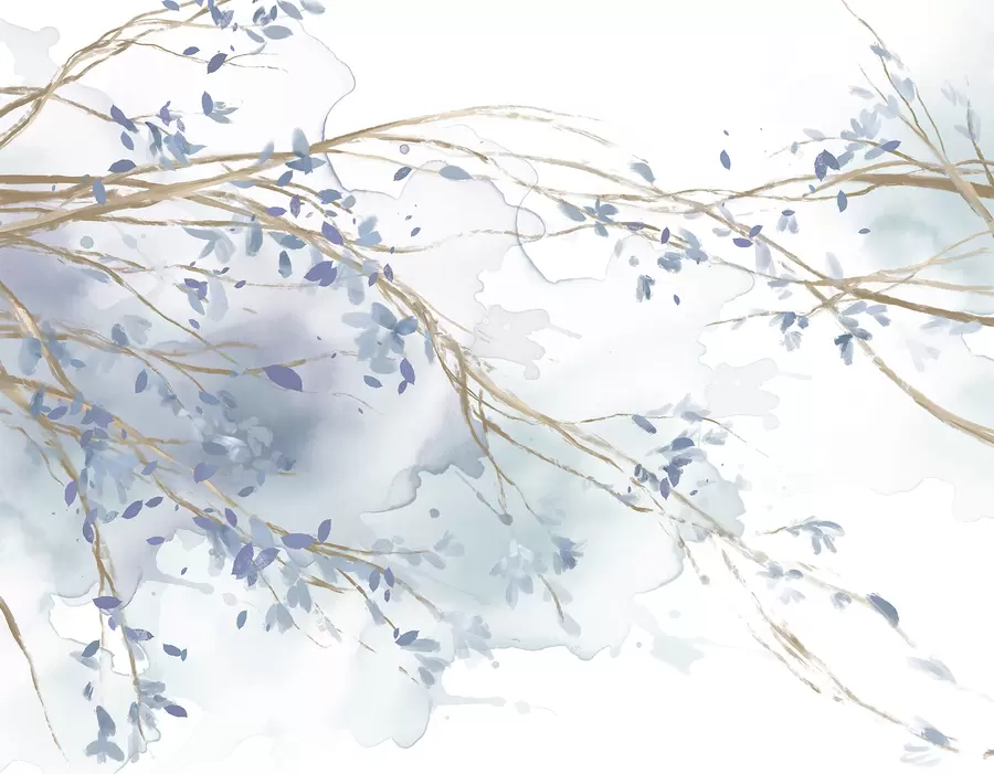 wall murals Delicate blue and white floral branches with soft, blurred watercolor background w07919