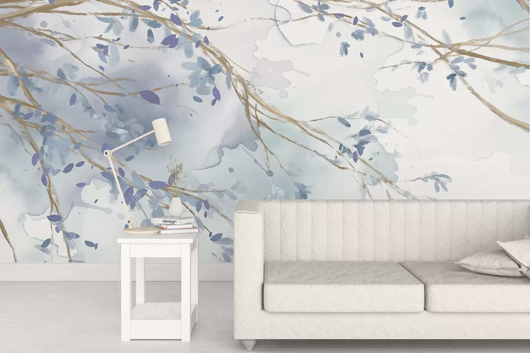 wall murals Delicate blue and white floral branches with soft, blurred watercolor background w07919