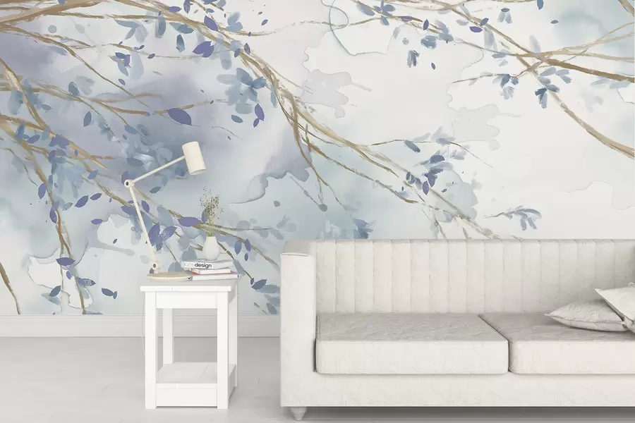 wall murals Delicate blue and white floral branches with soft, blurred watercolor background w07919