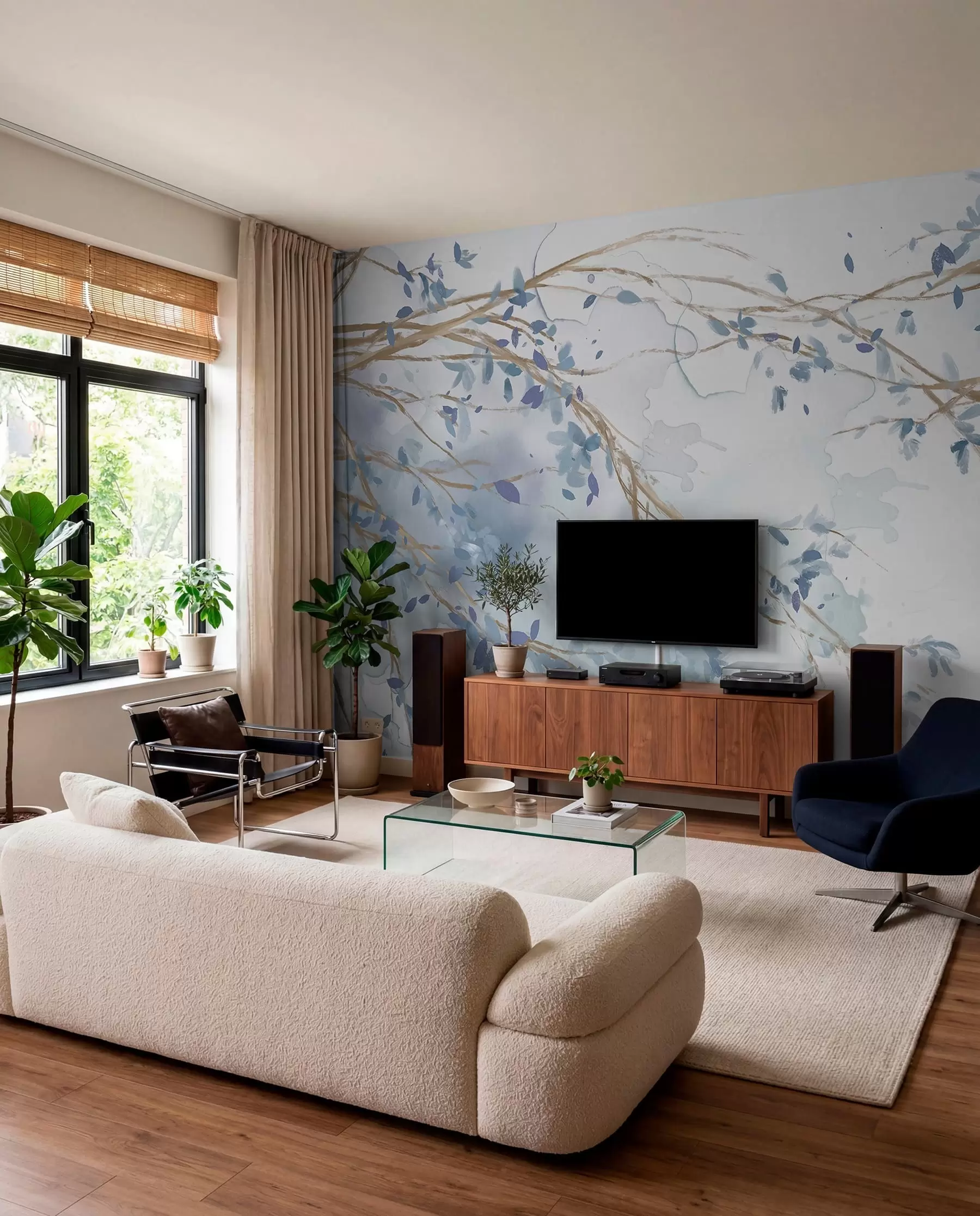 wall murals Delicate blue and white floral branches with soft, blurred watercolor background w07919