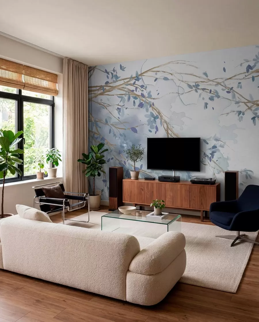 wall murals Delicate blue and white floral branches with soft, blurred watercolor background w07919