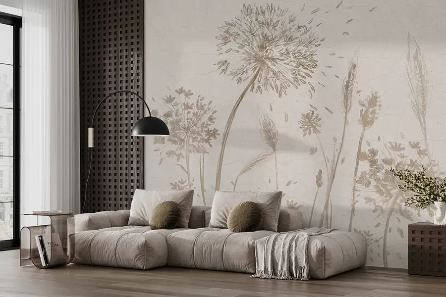 wall murals A field of dandelions and other wildflowers against a soft, hazy background w07921