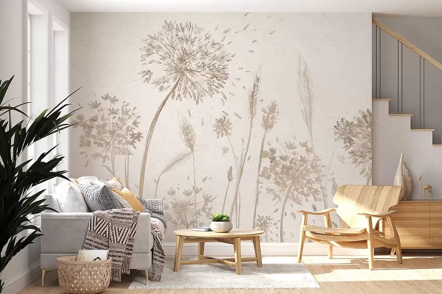wall murals A field of dandelions and other wildflowers against a soft, hazy background w07921