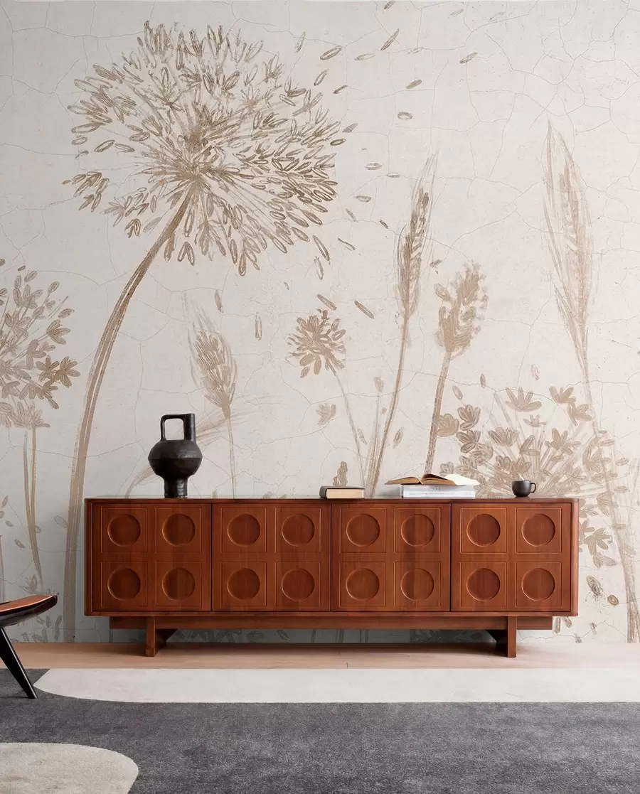 wall murals A field of dandelions and other wildflowers against a soft, hazy background w07921