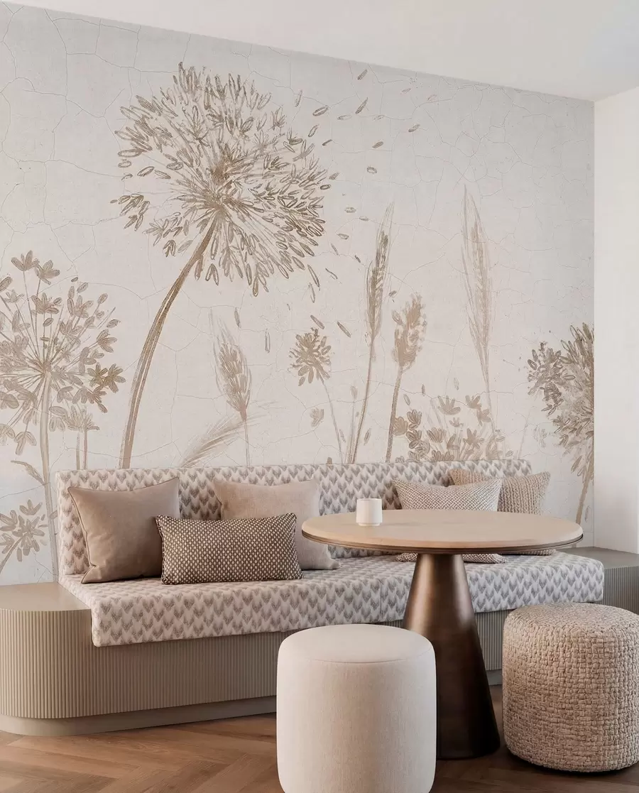 wall murals A field of dandelions and other wildflowers against a soft, hazy background w07921