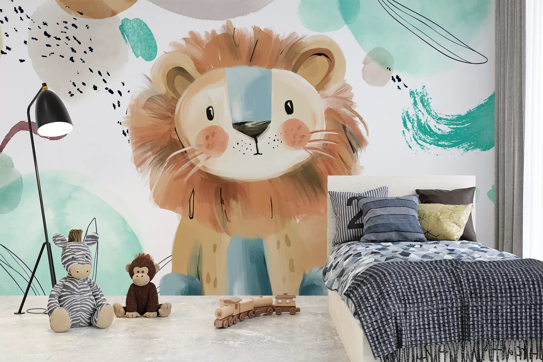 wall murals A cute cartoon lion in a colorful, abstract background with brush strokes and splatters of pastel colors w07924