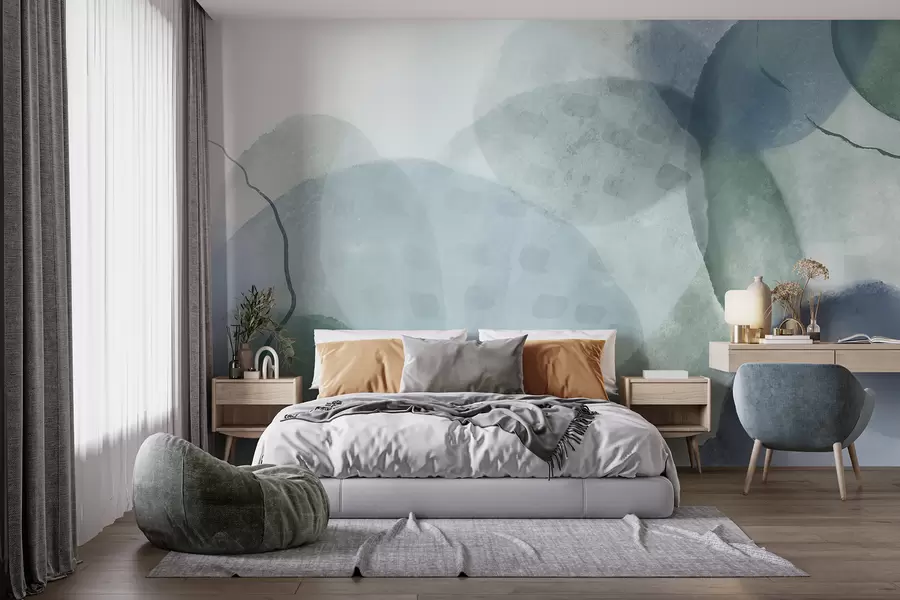 wall murals Soft, watercolor abstract shapes in shades of blue, green, and white w07926