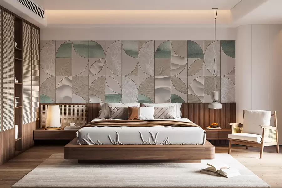 wall murals A geometric pattern of green, beige, and white textures arranged in a repeating abstract design w07928