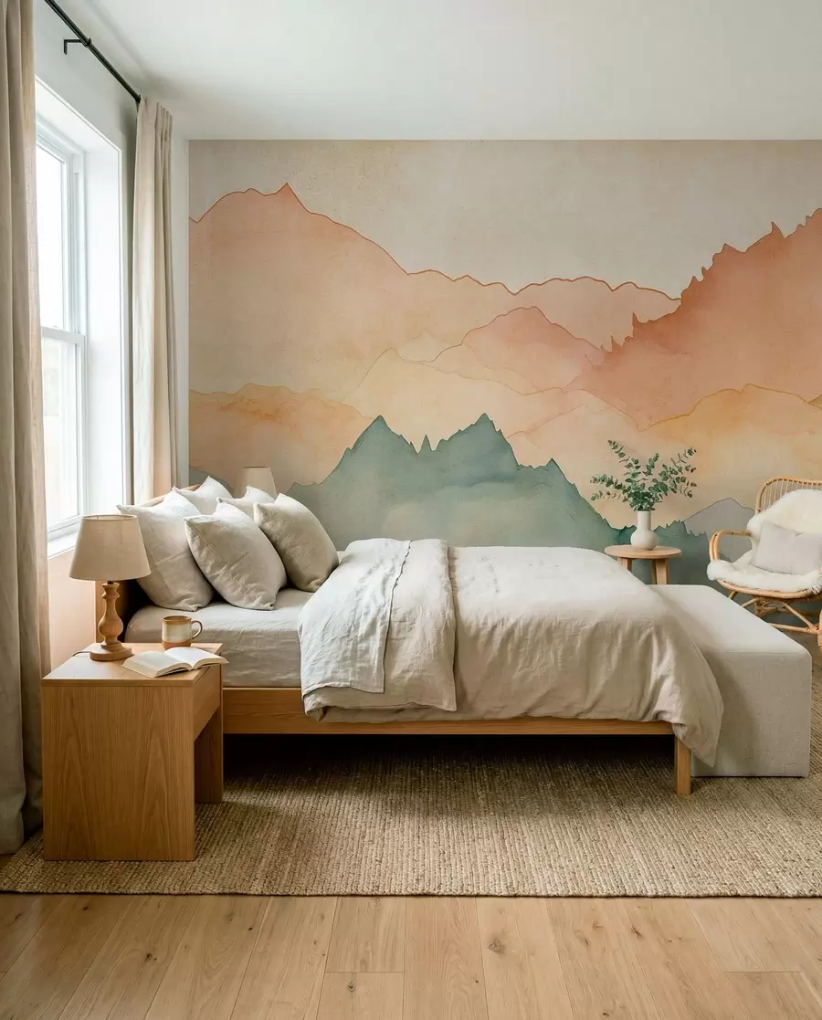 wall murals Mountain ranges, watercolor vintage, pink, blue and yellow color w07965