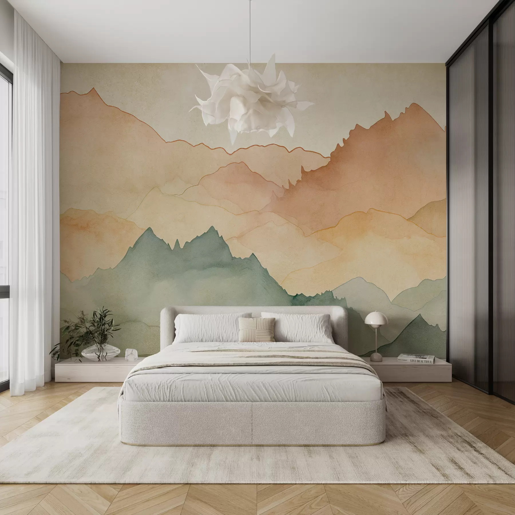 wall murals Mountain ranges, watercolor vintage, pink, blue and yellow color w07965