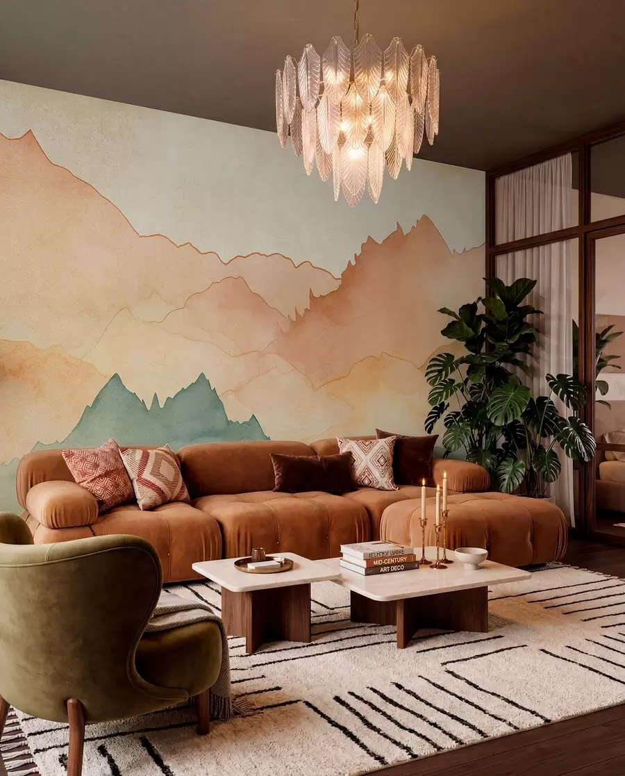 wall murals Mountain ranges, watercolor vintage, pink, blue and yellow color w07965