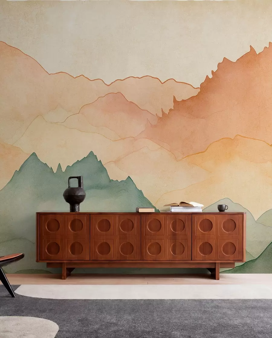 wall murals Mountain ranges, watercolor vintage, pink, blue and yellow color w07965